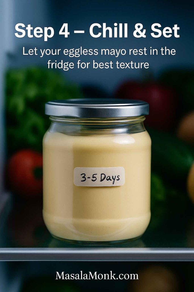 Glass jar of eggless mayo with a 3–5 days label sitting on a refrigerator shelf, showing step 4 of chilling egg free mayonnaise for best texture and safe storage.