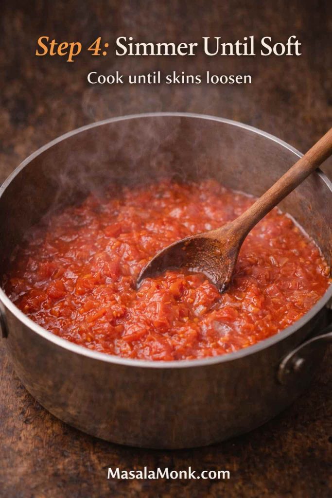 Pot of tomato sauce simmering until tomatoes break down and skins loosen, ready to be processed through a food mill.