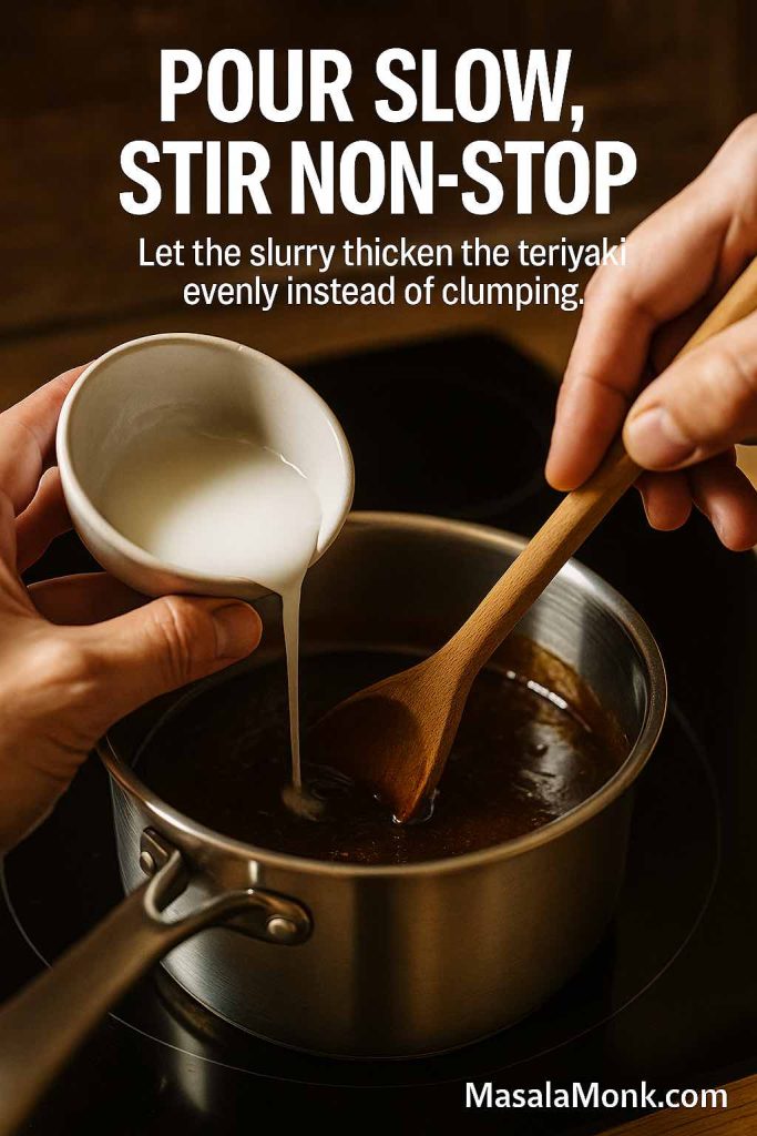 Cornstarch slurry being poured in a thin stream into a simmering saucepan of teriyaki sauce while a wooden spoon stirs constantly, showing how to thicken the sauce evenly.