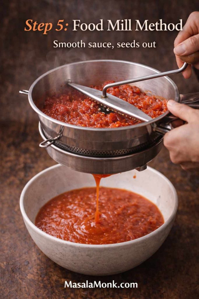 The mill does the cleanup for you—skins and seeds stay behind while the sauce turns silky and spoonable.