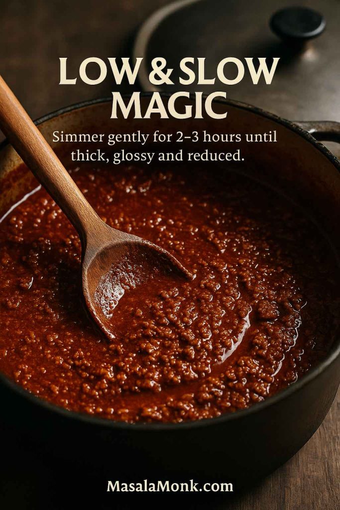 Close-up of authentic bolognese sauce simmering slowly in a cast-iron pot, thick and glossy with a wooden spoon resting in the reduced ragù after 2–3 hours of gentle cooking.