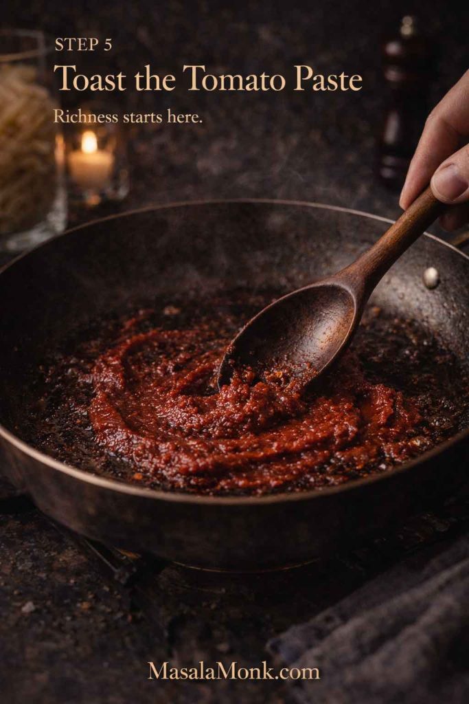 Tomato paste being stirred and toasted in a skillet until dark and glossy, building depth for penne alla vodka sauce.