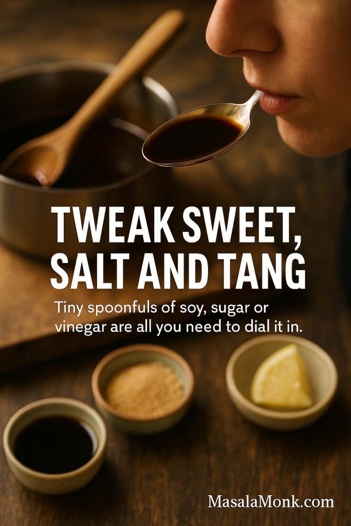 Person tasting a spoonful of glossy homemade teriyaki sauce over a saucepan, with small bowls of soy sauce, brown sugar and a lemon wedge on the counter, showing how to adjust the balance of flavours.