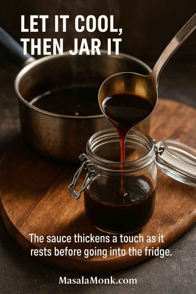 Warm homemade teriyaki sauce being ladled from a saucepan into a glass jar on a wooden board, with steam still rising, showing how to cool and store the sauce before refrigerating.