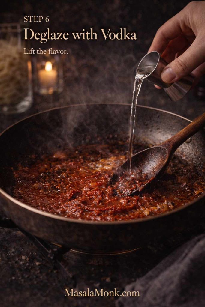 Vodka being poured into a skillet with toasted tomato paste while a wooden spoon scrapes the pan to deglaze and loosen the sauce base.