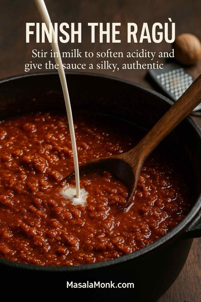 Close-up of authentic bolognese ragù in a cast-iron pot as a stream of milk is poured in, with a wooden spoon and a nutmeg and grater in the background, showing how to finish the sauce with a silky texture.