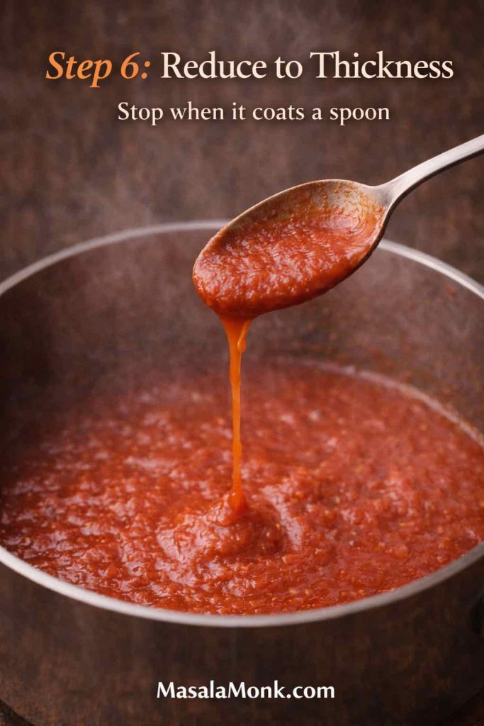 Spoon lifted over a pot of simmering tomato sauce, showing the sauce falling in ribbons to indicate the right thickness.