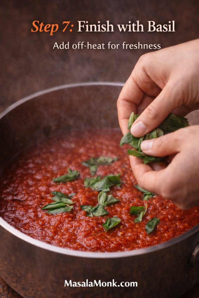 Hands tearing fresh basil over a pot of finished tomato sauce from fresh tomatoes to add freshness at the end.