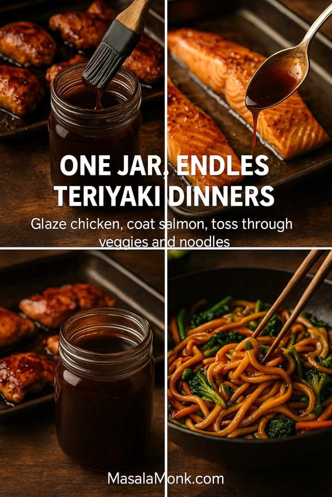 Collage showing a jar of homemade teriyaki sauce in the centre, with glazed chicken pieces, salmon fillets being coated with sauce and a bowl of teriyaki stir-fry noodles and vegetables, illustrating different ways to use one batch of sauce.