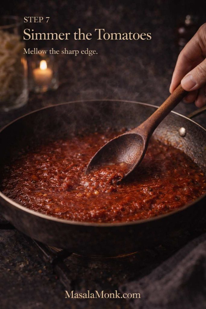Tomato vodka sauce base simmering in a skillet with a wooden spoon, steam rising as the tomatoes reduce and deepen in color.