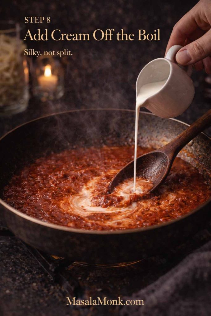 Cream being poured into a simmered tomato vodka sauce in a skillet while a spoon swirls it into a smooth blush-orange sauce.