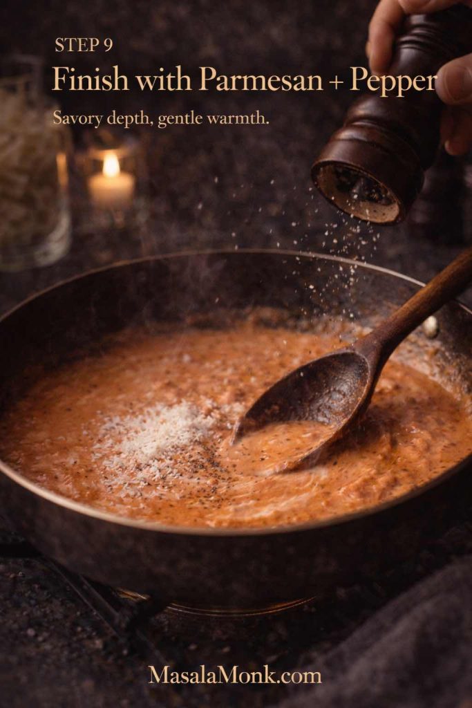 Grated Parmesan melting into creamy tomato vodka sauce in a skillet while freshly ground black pepper is added and stirred.