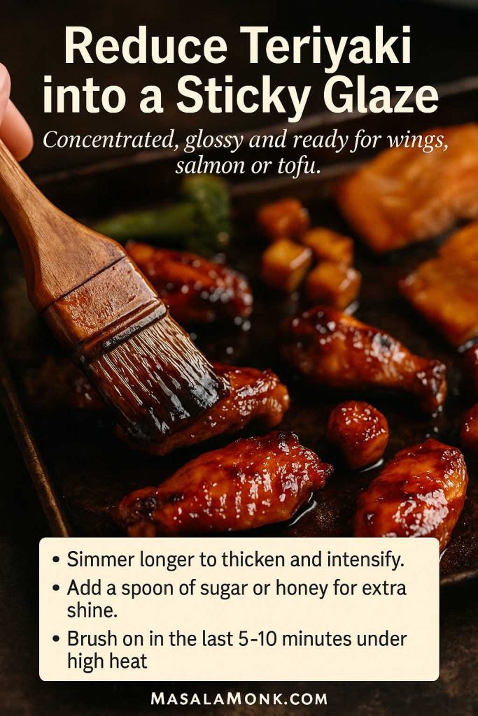 Close-up of a brush coating teriyaki-glazed chicken wings on a dark baking tray, with text overlay explaining how to reduce teriyaki into a thick, sticky glaze for wings, salmon or tofu.