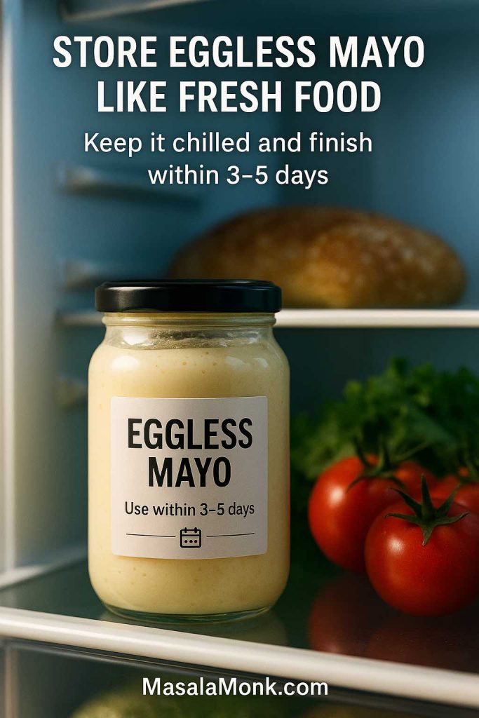 Jar of eggless mayo on a refrigerator shelf with a label saying use within 3–5 days, next to fresh vegetables and bread, showing how to store homemade egg free mayonnaise safely.