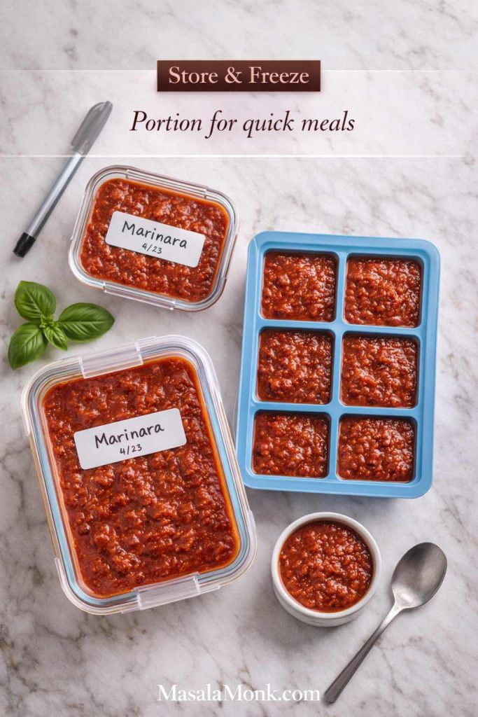 Homemade marinara sauce portioned into labeled glass containers and a silicone freezer tray on a marble counter, showing how to store and freeze marinara.