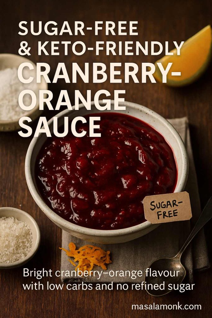 Bowl of sugar-free, keto-friendly cranberry orange sauce on a wooden table with citrus zest, lemon wedge and a small dish of granular sweetener, styled with “Sugar-Free” label text on the image.