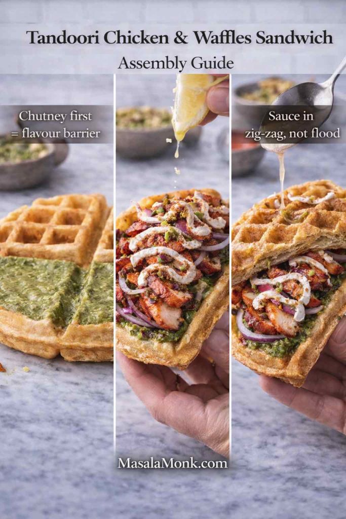 Step-by-step tandoori chicken and waffles sandwich assembly guide with chutney base, sliced onions, lemon squeeze, and yogurt sauce drizzle on Belgian waffles.