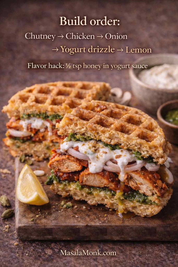 Tandoori chicken and waffles sandwich cut in half with green chutney, onion, and yogurt sauce; text overlay shows the build order and a honey-in-yogurt flavor hack; MasalaMonk.com footer.