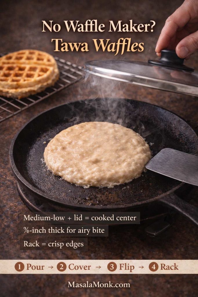 Tawa waffles cooking on a cast-iron skillet with a lid to steam-cook the center, showing a no-waffle-maker waffle method with pour-cover-flip-rack steps.