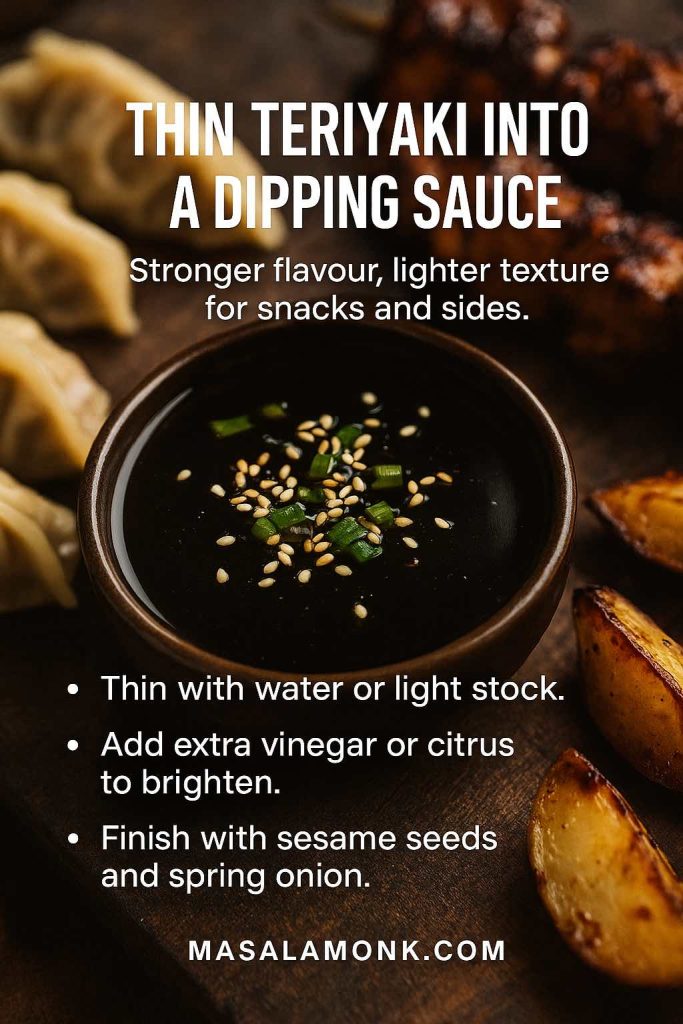 Bowl of teriyaki dipping sauce topped with sesame seeds and chopped spring onion, surrounded by dumplings, skewers and roasted potato wedges, with text explaining how to thin and brighten teriyaki for use as a dip.