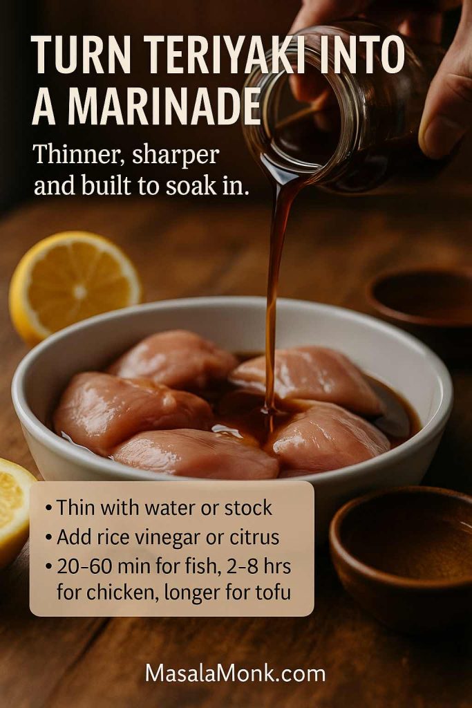 Close-up of teriyaki sauce being poured from a jar over raw chicken pieces in a white dish, with lemon halves and a small bowl of rice vinegar nearby and text explaining how to turn teriyaki into a marinade.
