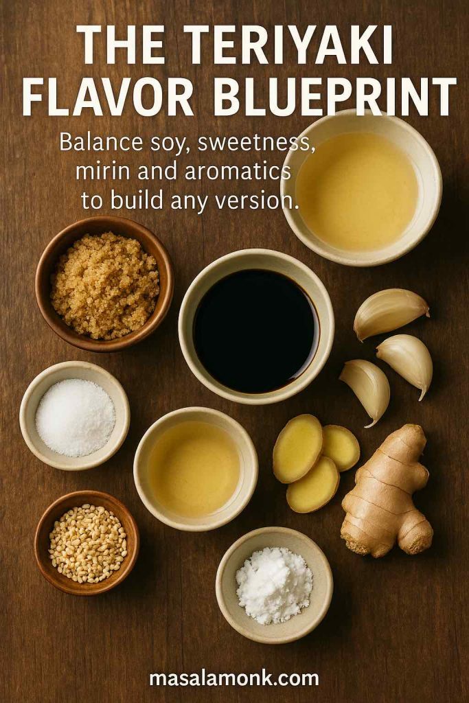 Overhead view of small bowls holding soy sauce, mirin, sugar, garlic, ginger and other seasonings on a wooden table, showing the main ingredients needed to make homemade teriyaki sauce.