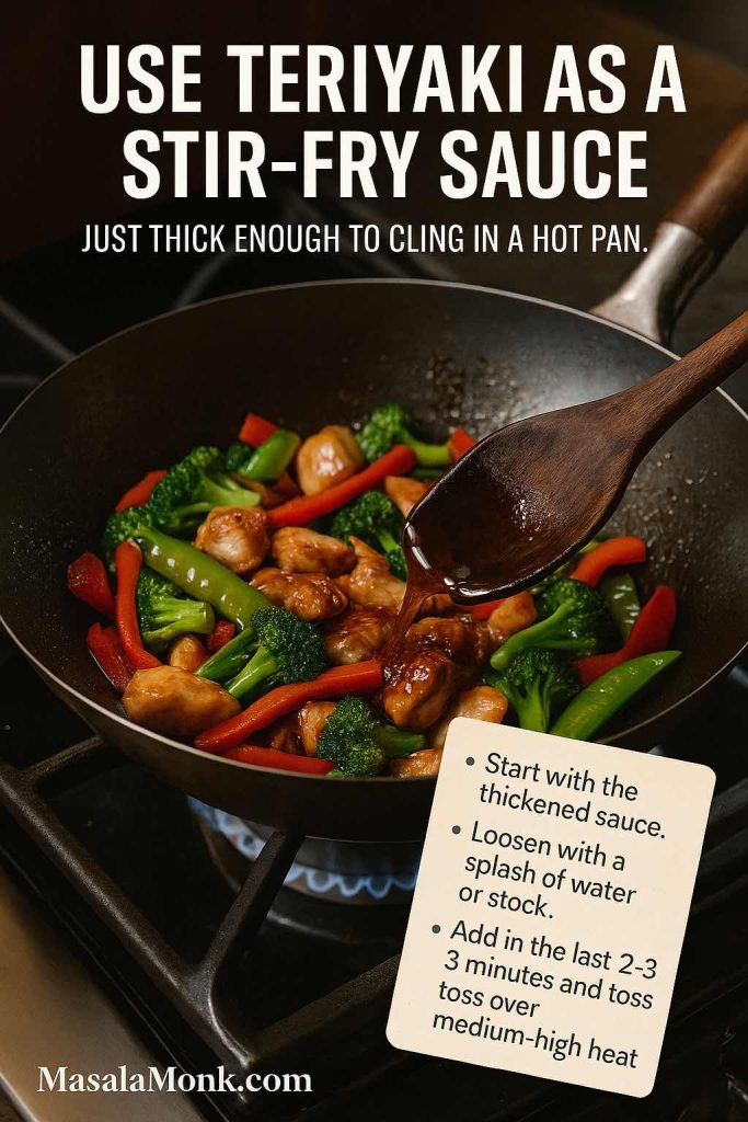 Wok on a gas stove with chicken, broccoli, red pepper and snap peas being coated in a glossy teriyaki stir-fry sauce, with on-image tips explaining how to loosen and add the sauce at the end of cooking.