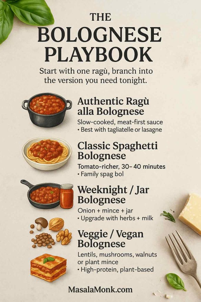 Vertical infographic titled “The Bolognese Playbook”, showing four options for bolognese sauce: authentic ragù alla bolognese, classic spaghetti bolognese, weeknight or jar bolognese, and veggie or vegan bolognese, with short notes on when to use each.