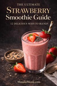The Ultimate Strawberry Smoothie Guide cover featuring a creamy strawberry smoothie in a glass topped with fresh strawberries and chia seeds on a dark background.