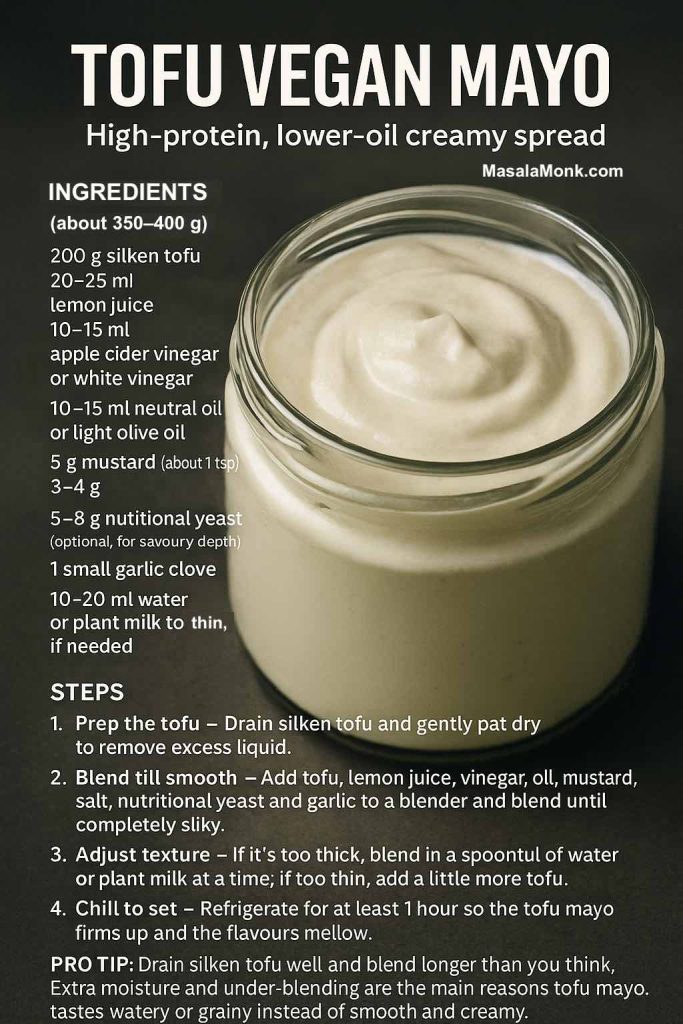 A tofu vegan mayo recipe card showing a jar of smooth high-protein mayo with metric ingredients, step-by-step blending instructions and a pro tip about draining silken tofu for a lower-oil creamy spread.