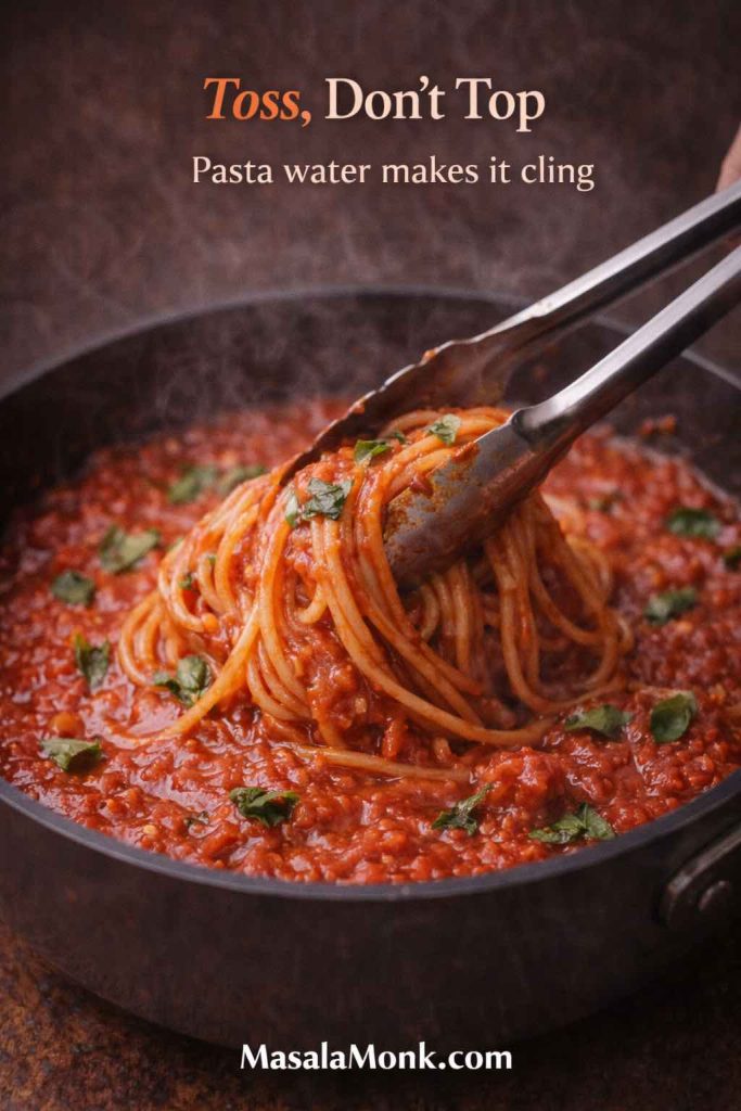 Spaghetti being tossed directly in tomato sauce from fresh tomatoes with tongs so the sauce clings to the noodles.