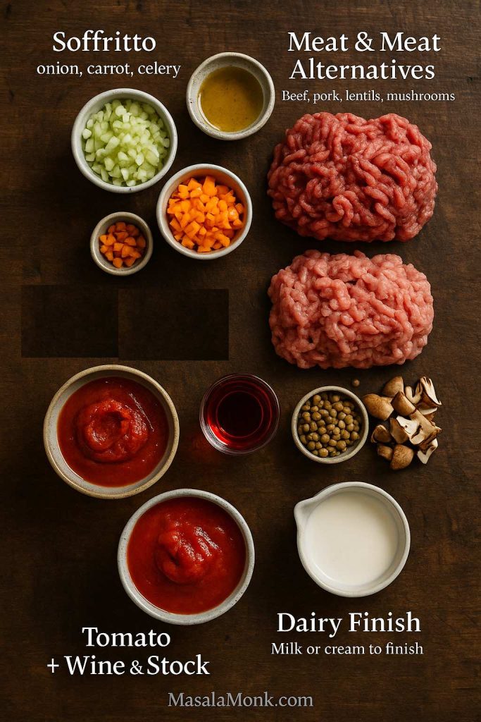 Overhead portrait image of traditional bolognese ingredients grouped on a wooden table, showing soffritto vegetables, minced beef and pork with lentils and mushrooms, tomato paste, passata, wine, stock, and milk or cream for finishing the sauce.