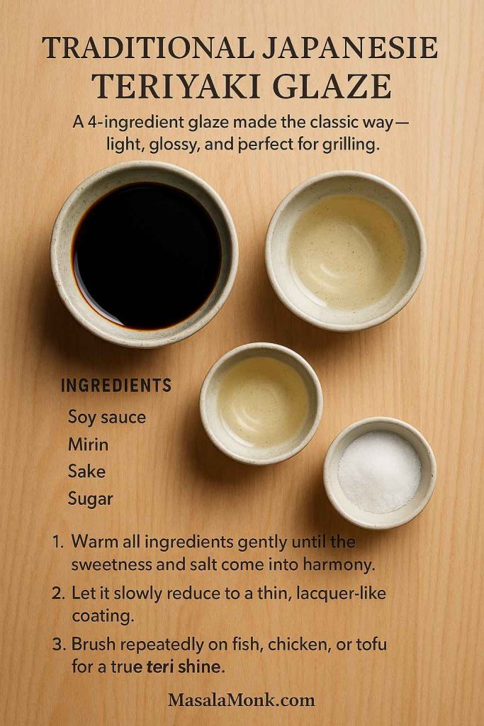 This minimalist glaze is the “old-school” version of teriyaki—just soy, mirin, sake and sugar gently reduced until it can be brushed in thin layers over grilled fish, chicken skewers or tofu for a clean, restaurant-style shine.