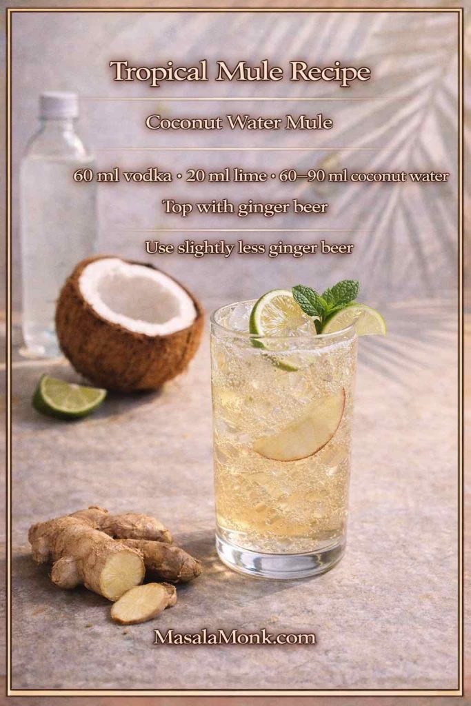 Tropical Mule recipe card showing a coconut water mule in a highball glass with ice, lime and mint, plus coconut water and coconut props, with measurements (60 ml vodka, 20 ml lime, 60–90 ml coconut water) topped with ginger beer.