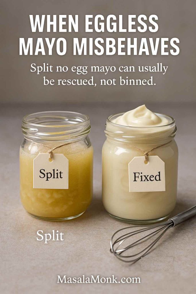Two glass jars of eggless mayo side by side, one split with oily separation and one smooth and creamy, labelled Split and Fixed, illustrating how broken no egg mayonnaise compares to a rescued batch.