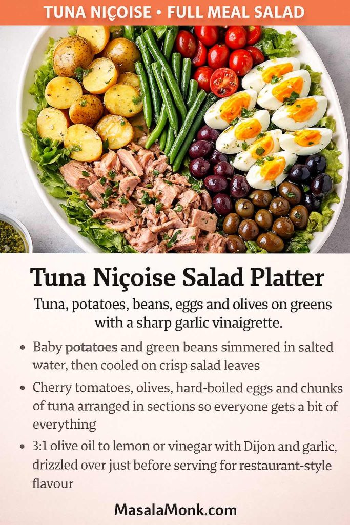 Tuna Niçoise salad platter with baby potatoes, green beans, cherry tomatoes, olives, hard-boiled eggs and tuna arranged on lettuce on a large plate.