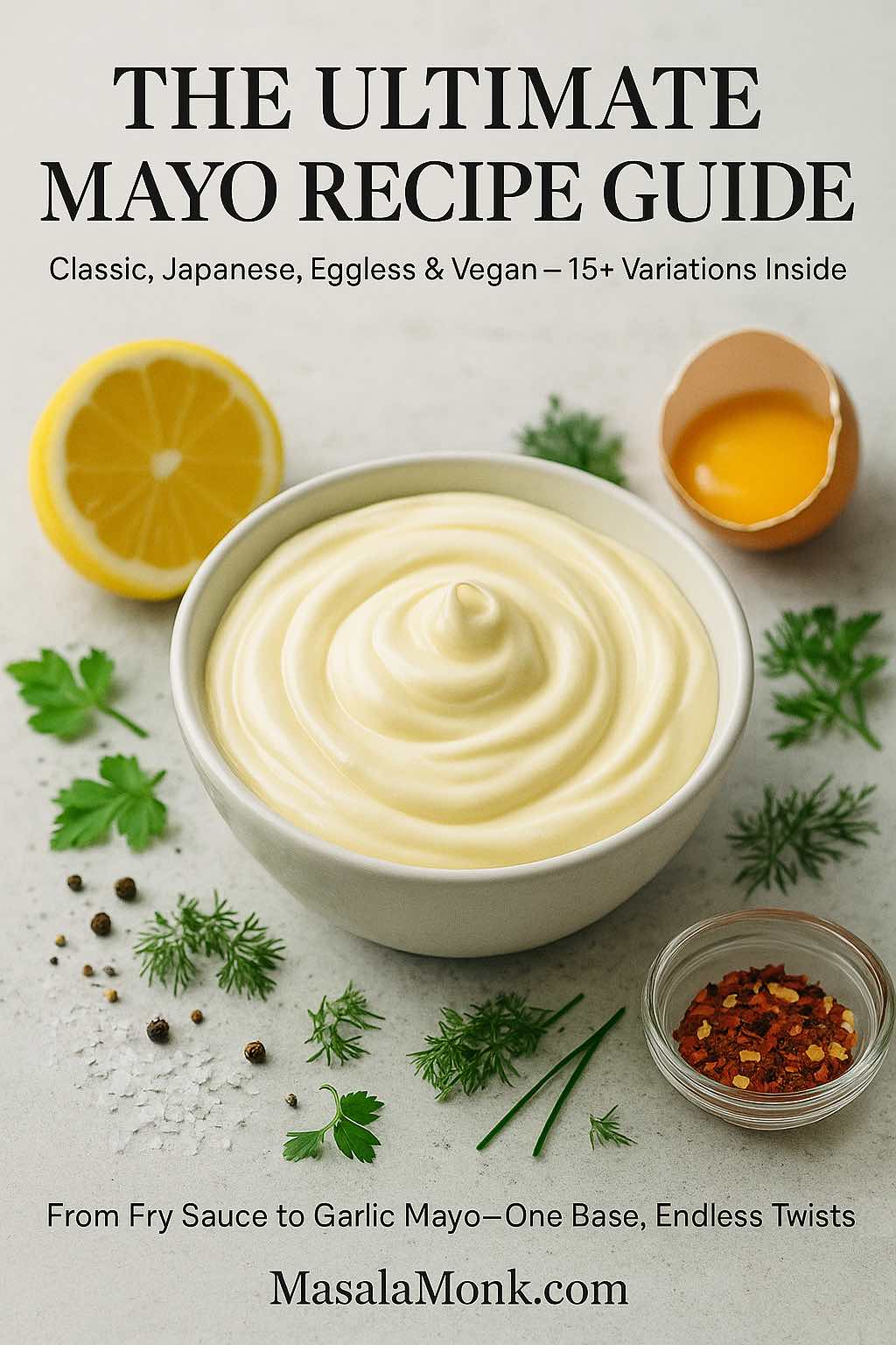 Creamy bowl of homemade mayonnaise surrounded by lemon, egg yolk, herbs, and chilli flakes with the text The Ultimate Mayo Recipe Guide and MasalaMonk.com