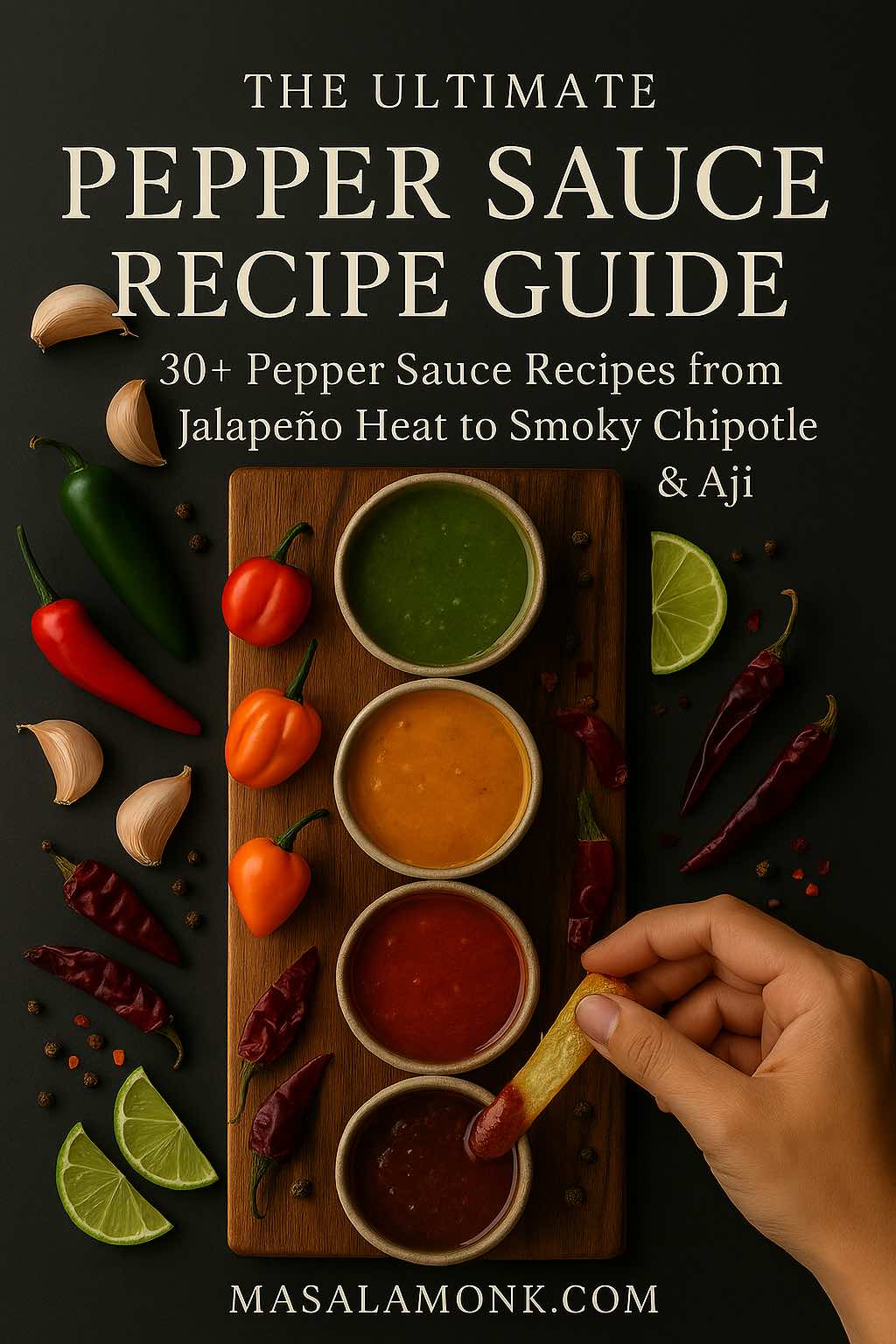 Overhead view of four colorful pepper sauces in bowls on a wooden board with chilies, garlic and lime, as a hand dips a fry into the red sauce for the Ultimate Pepper Sauce Recipe Guide on MasalaMonk