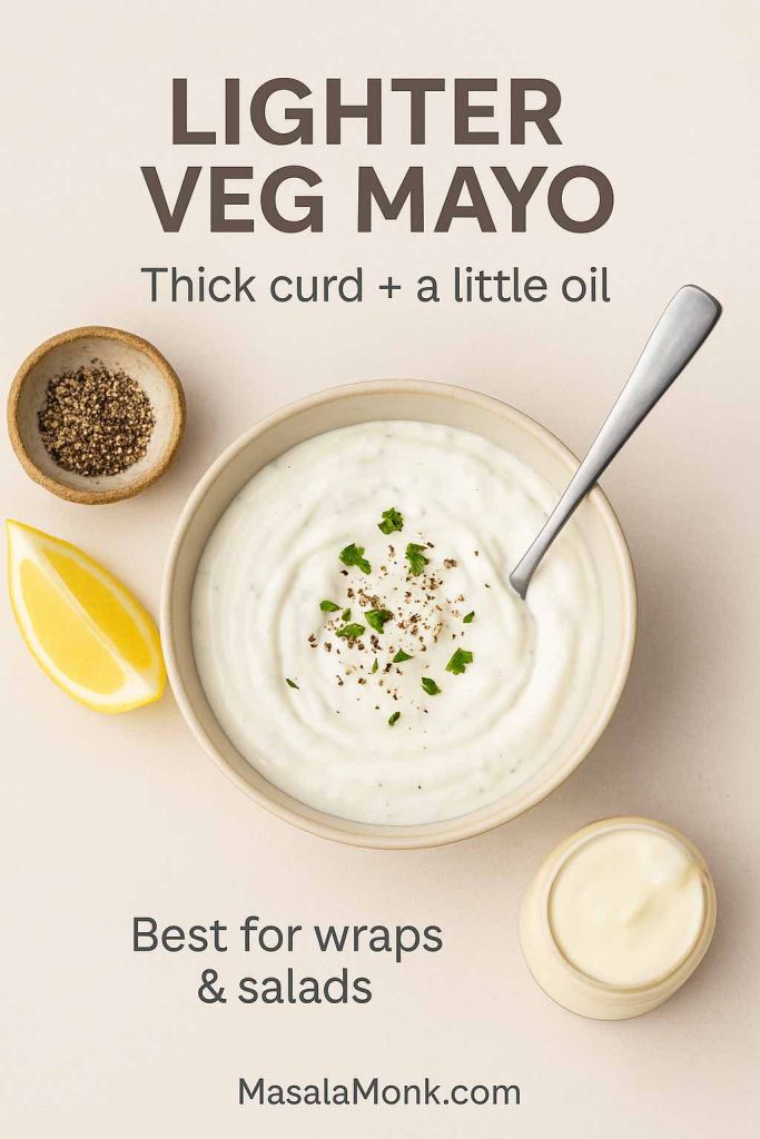 Veg mayo made with thick curd (yogurt) and a little oil, a lighter eggless mayonnaise option for wraps and salads.