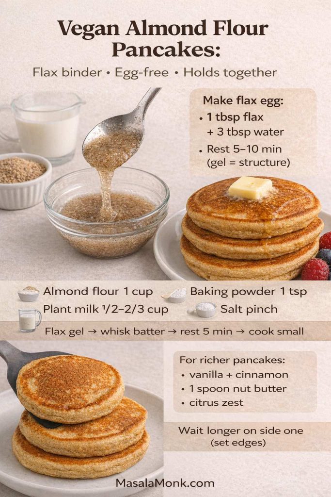 Vegan almond flour pancake guide showing how to make a flax egg binder, ingredient ratios, cooking cues, and add-ins for richer egg-free pancakes.