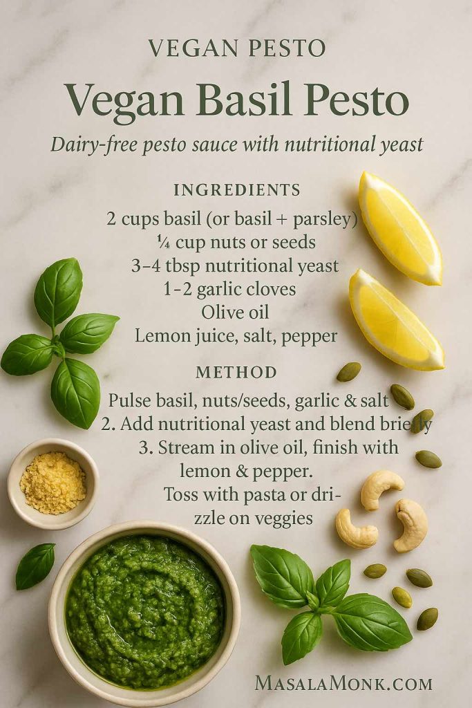 Vegan Basil Pesto recipe card with dairy-free pesto ingredients and method on a marble background, showing basil, lemon, cashews and nutritional yeast – MasalaMonk.