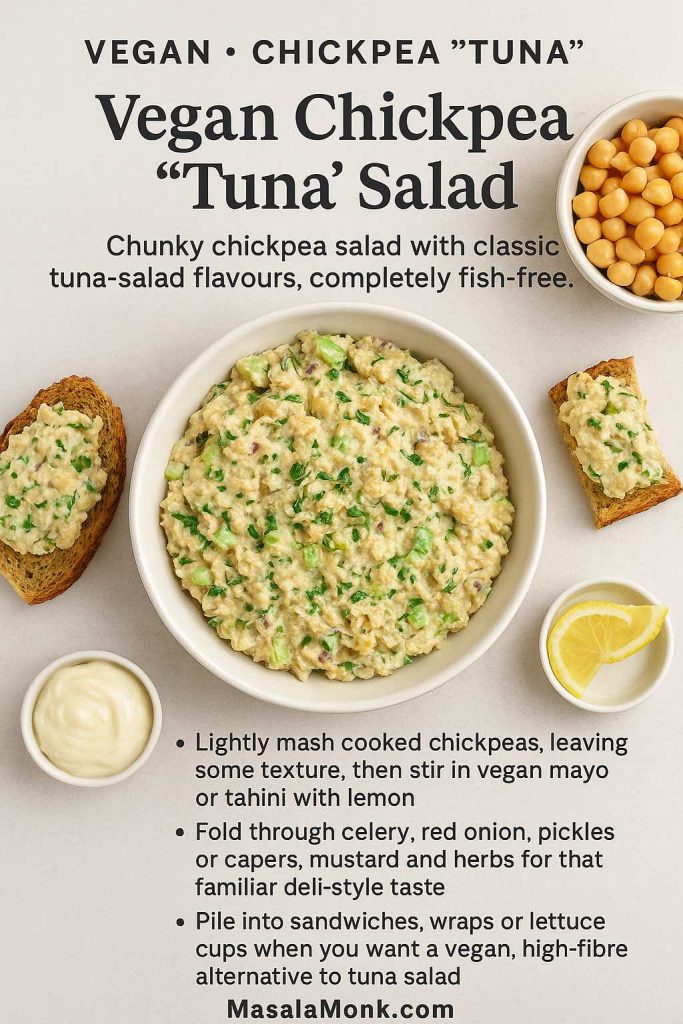 Bowl of vegan chickpea ‘tuna’ salad with herbs and diced vegetables, surrounded by toast topped with the salad, a small bowl of chickpeas, vegan mayo and lemon wedges on a light background.