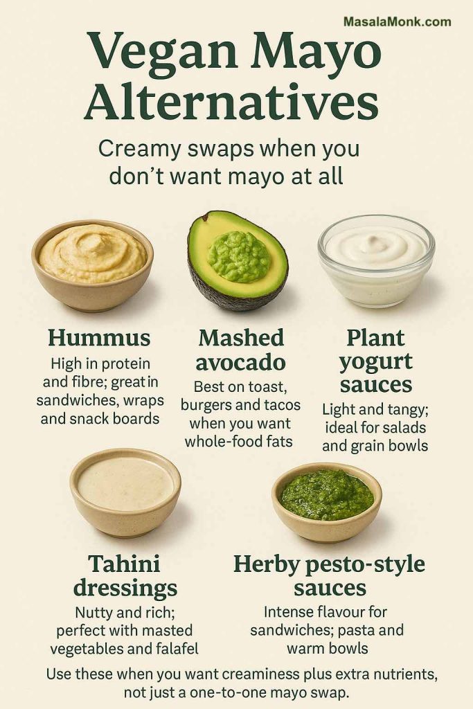 Infographic titled “Vegan Mayo Alternatives” showing hummus, mashed avocado, plant yogurt sauces, tahini dressings and herby pesto-style sauces as creamy vegan substitutes for mayo, with brief notes on when to use each.