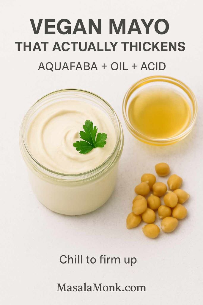 Vegan mayo recipe card using aquafaba (chickpea liquid) with oil and acid to make thick plant-based mayonnaise.