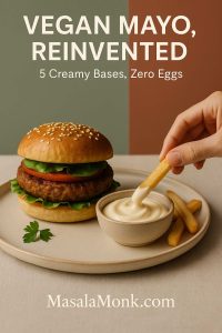 Vegan mayo promotional cover for MasalaMonk.com: a stacked vegan burger and a small bowl of glossy vegan mayonnaise on a matte ceramic plate, with a hand dipping a French fry into the sauce, set against a sage and terracotta colour-block background with the text “Vegan Mayo, Reinvented – 5 Creamy Bases, Zero Eggs”.