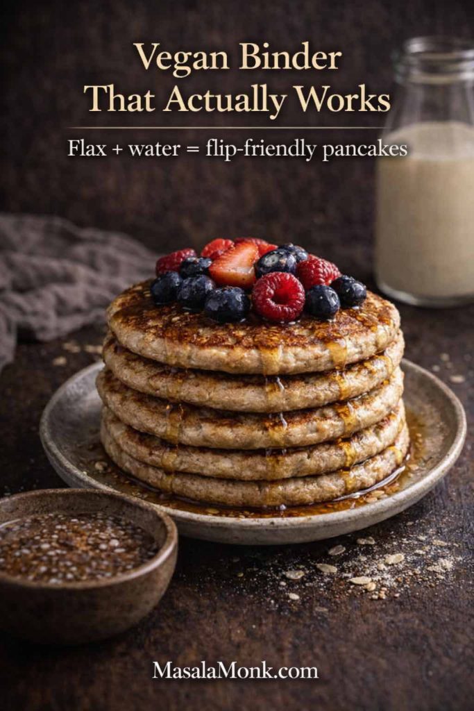Stack of vegan oat pancakes topped with mixed berries and syrup, with a bowl of flax-and-water “egg” and oat milk in the background and text “Vegan Binder That Actually Works.”