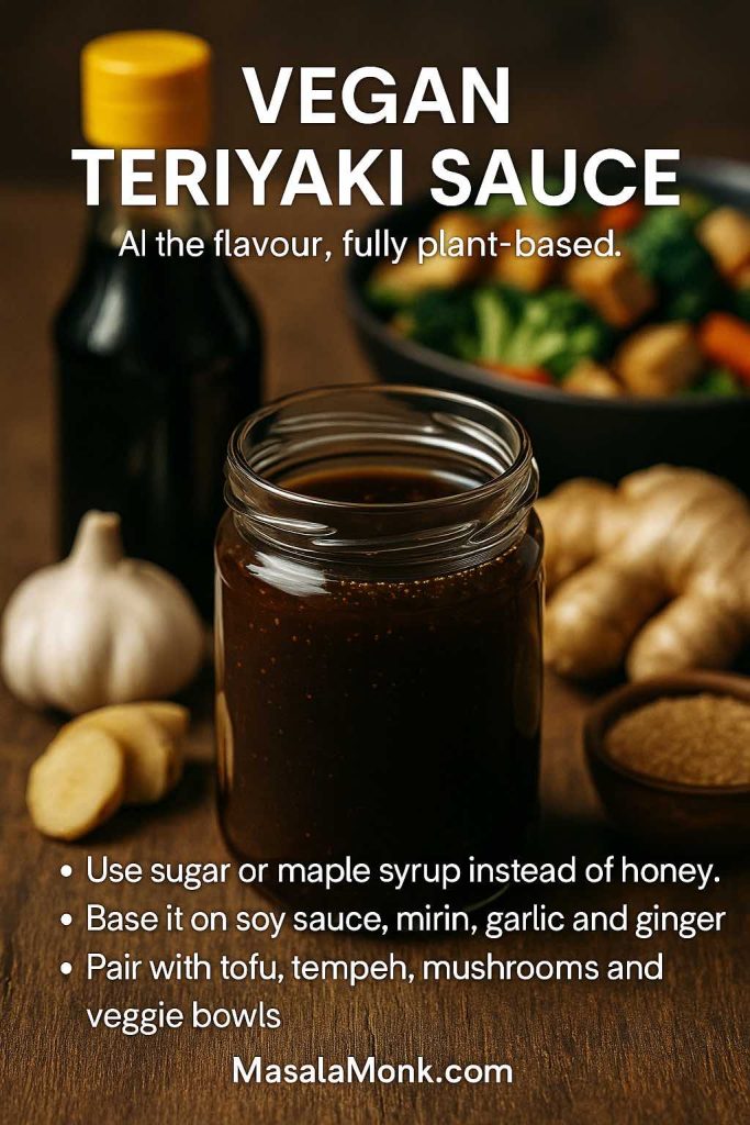 Vertical vegan teriyaki guide card showing a jar of glossy teriyaki sauce on a wooden table with soy sauce, garlic, ginger and a bowl of vegetables in the background, plus text explaining how to make a fully plant-based teriyaki using sugar or maple syrup instead of honey.