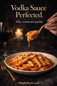 Penne alla vodka in a creamy tomato vodka sauce, with a fork lifting glossy pasta in a moody restaurant-style setting.