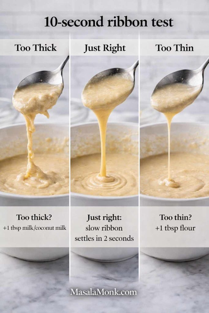 Waffle batter consistency guide showing the 10-second ribbon test—too thick, just right, and too thin—with quick fixes for Belgian waffle batter.