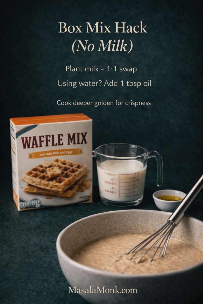 Portrait step guide for waffle mix without milk showing a boxed waffle mix, a measuring cup of plant milk, a small dish of oil, and a bowl of batter with a whisk on a dark green background, with text overlay “Box Mix Hack (No Milk) — Plant milk 1:1 swap — Using water? Add 1 tbsp oil — Cook deeper golden for crispness,” plus MasalaMonk.com in the footer.
